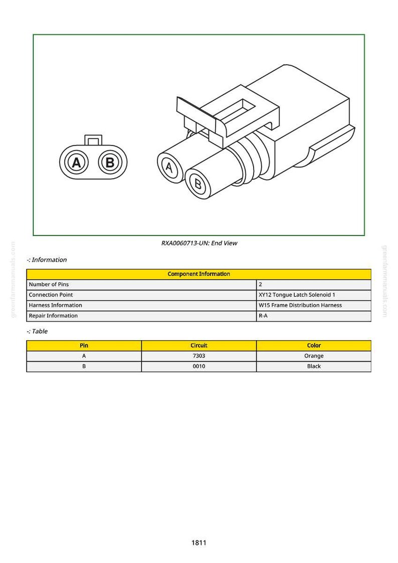 Op de afbeelding: Technische tekening van een elektrische connector, gelabeld RXA0060713-UN. De tekening toont de eindweergave van de connector met twee cilindrische poorten met de labels A en B. De tekening bevat ook een tabel met informatie over pinnen, circuits en kleuren.
