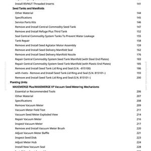 May include: A detailed list of agricultural equipment repair and maintenance procedures. The document includes sections on seed tanks, manifolds, planting units, and vacuum seed metering mechanisms. Page numbers are listed next to each item.