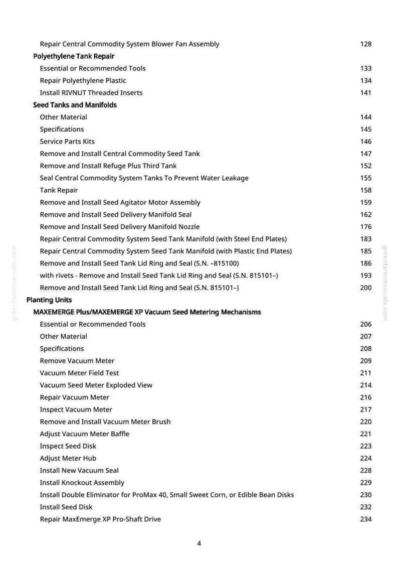May include: A detailed list of agricultural equipment repair and maintenance procedures. The document includes sections on seed tanks, manifolds, planting units, and vacuum seed metering mechanisms. Page numbers are listed next to each item.