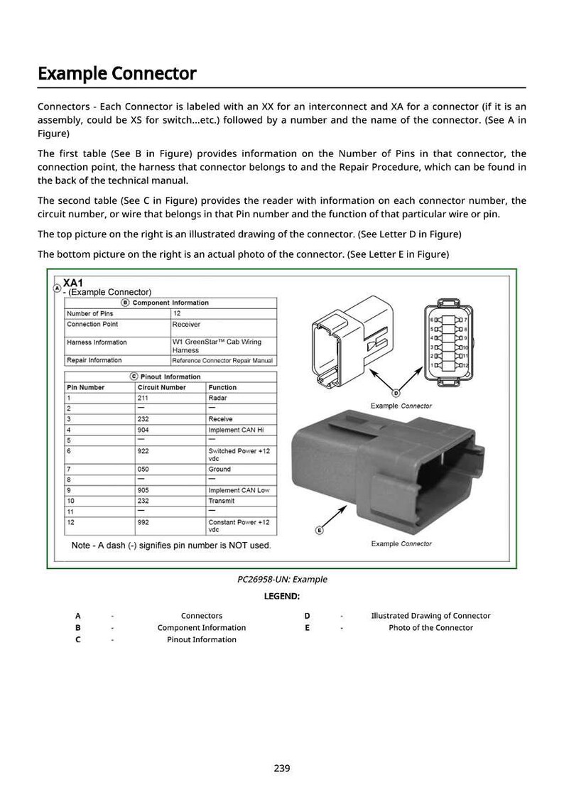 May include: Diagram of an example connector with a table detailing pin numbers, circuit numbers, and functions. Includes an illustration and a photo of the connector, along with text explaining the connector's features.