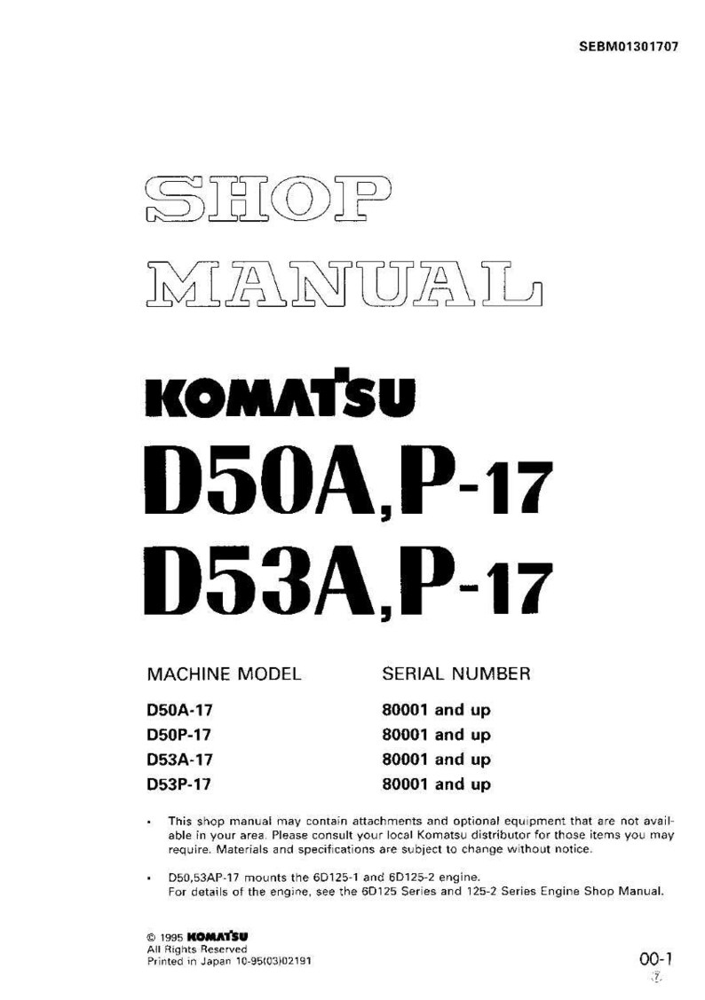 May include: A white shop manual with the text "SHOP MANUAL" at the top. Below, the brand name "KOMATSU" is displayed, followed by model numbers D50A,P-17 and D53A,P-17. The manual includes machine models and serial numbers.