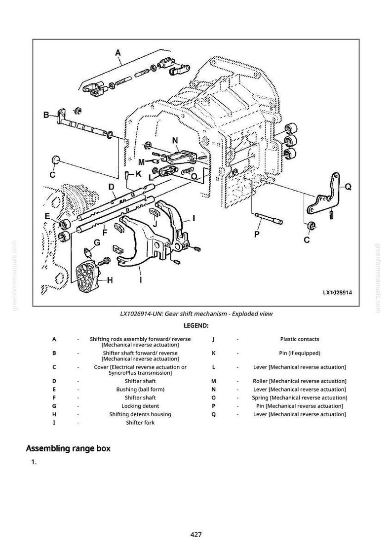 May include: An exploded view diagram of a gear shift mechanism, labeled LX1026914-UN. The diagram includes various parts like shifting rods, levers, and pins, with a legend detailing each component. The image is a technical illustration.