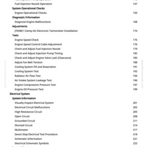 Puede incluir: Una p&aacute;gina de manual con una lista de operaciones, pruebas y diagramas de sistemas de motor y el&eacute;ctricos automotrices. El texto incluye temas como inyecci&oacute;n de combustible, sistemas de refrigeraci&oacute;n y diagn&oacute;sticos de circuitos el&eacute;ctricos, con n&uacute;meros de p&aacute;gina.