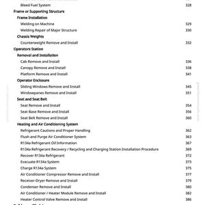 Pode incluir: P&aacute;gina de um manual com um &iacute;ndice. O texto lista procedimentos para sistemas de abastecimento de combust&iacute;vel externos, instala&ccedil;&atilde;o da estrutura, pesos do chassi, esta&ccedil;&otilde;es do operador e sistemas de aquecimento e ar condicionado.