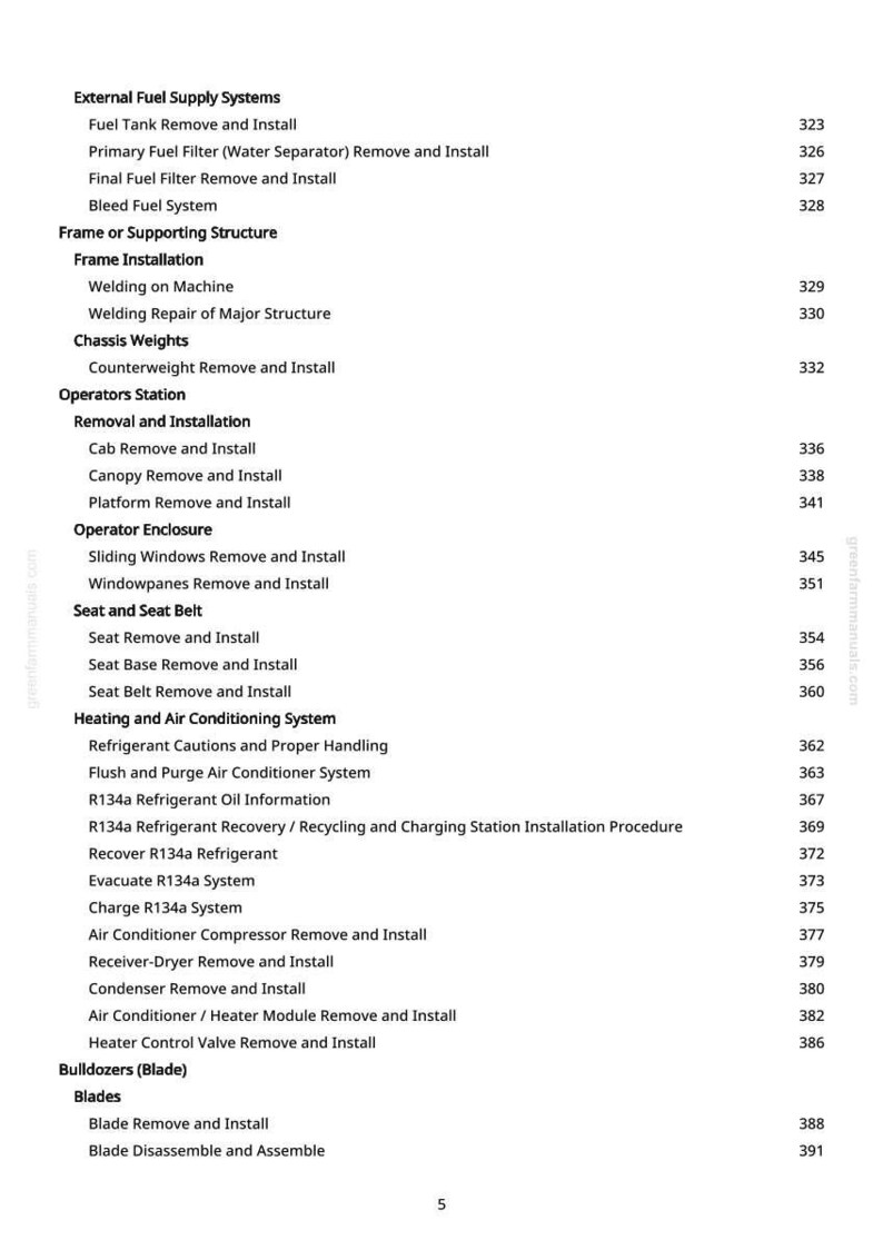 Pode incluir: P&aacute;gina de um manual com um &iacute;ndice. O texto lista procedimentos para sistemas de abastecimento de combust&iacute;vel externos, instala&ccedil;&atilde;o da estrutura, pesos do chassi, esta&ccedil;&otilde;es do operador e sistemas de aquecimento e ar condicionado.