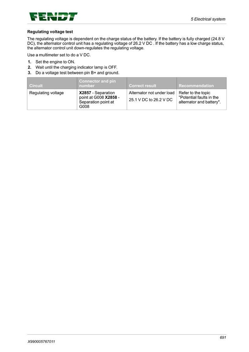 May include: A page from a Fendt electrical system manual detailing a regulating voltage test. The text includes instructions for testing voltage, with a table showing circuit, connector and pin number, correct result, and recommendation. The Fendt logo is at the top.