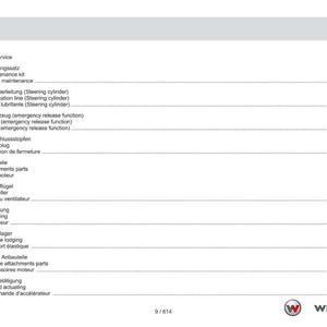 May include: A page from a manual with the title "Inhaltsverzeichnis Contents Table des mati&egrave;res". The page lists various service and engine components, including "Service kit", "Propeller", and "Coupling". The Weidemann logo is at the bottom.