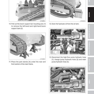 May include: Black and white technical diagram from a manual, detailing engine disassembly. Includes close-up images of components, with labels and instructions for removing parts like hydraulic hoses and support bars. Text includes "Disassembling the Main Pump".