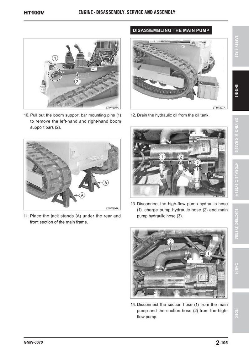May include: Black and white technical diagram from a manual, detailing engine disassembly. Includes close-up images of components, with labels and instructions for removing parts like hydraulic hoses and support bars. Text includes "Disassembling the Main Pump".