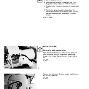 May include: Diagram of an elevator system with instructions for installation and maintenance. Includes close-up photos of components, labeled with letters and numbers. Text includes "Elevators and Crop Delivery" and "GRAIN ELEVATOR".