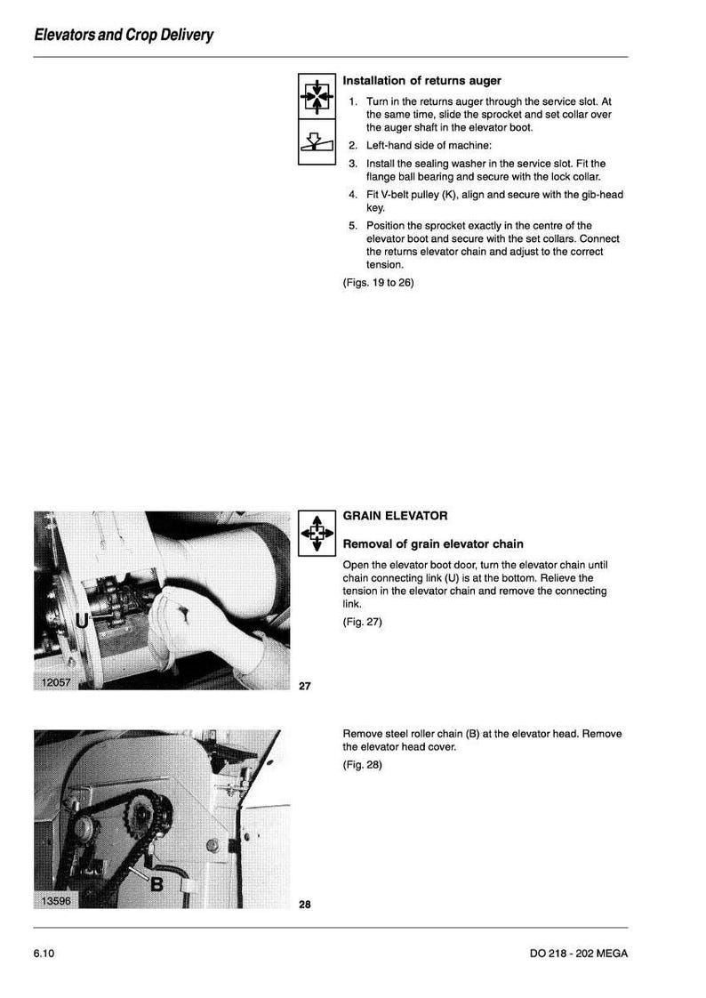 May include: Diagram of an elevator system with instructions for installation and maintenance. Includes close-up photos of components, labeled with letters and numbers. Text includes "Elevators and Crop Delivery" and "GRAIN ELEVATOR".
