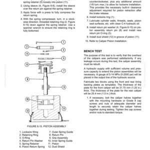 May include: Diagram of a piston assembly with labeled parts, including a lockwire wing, retaining ring, O-ring, and spring retainer. Instructions detail assembly steps for rear disc brakes.