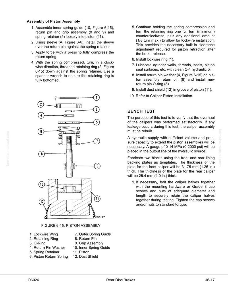 May include: Diagram of a piston assembly with labeled parts, including a lockwire wing, retaining ring, O-ring, and spring retainer. Instructions detail assembly steps for rear disc brakes.