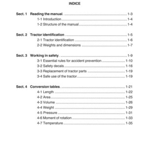 Puede incluir: Una p&aacute;gina de manual con el t&iacute;tulo "INTRODUCTION" y "CHAP.1 INDICE". El &iacute;ndice incluye secciones sobre la lectura del manual, la identificaci&oacute;n del tractor, la seguridad en el trabajo y las tablas de conversi&oacute;n.
