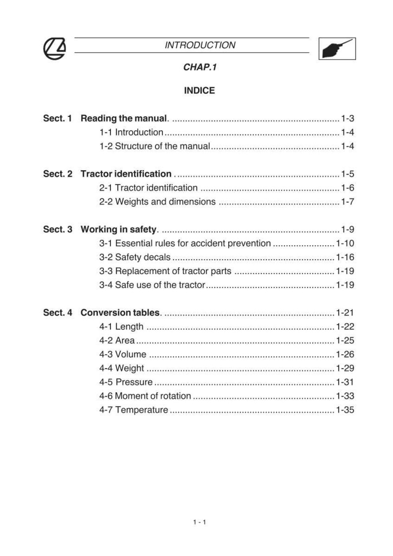 Puede incluir: Una p&aacute;gina de manual con el t&iacute;tulo "INTRODUCTION" y "CHAP.1 INDICE". El &iacute;ndice incluye secciones sobre la lectura del manual, la identificaci&oacute;n del tractor, la seguridad en el trabajo y las tablas de conversi&oacute;n.