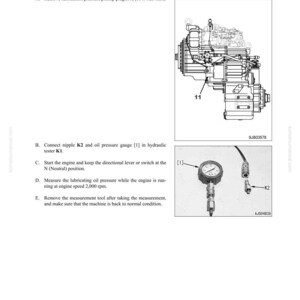 May include: Diagram from a manual showing power train oil pressures. The image includes a diagram of an engine, an oil pressure gauge, and text instructions for measuring lubrication pressure. The text includes steps for connecting the gauge and measuring the pressure at 2,000 rpm.