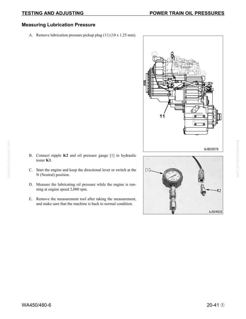 May include: Diagram from a manual showing power train oil pressures. The image includes a diagram of an engine, an oil pressure gauge, and text instructions for measuring lubrication pressure. The text includes steps for connecting the gauge and measuring the pressure at 2,000 rpm.