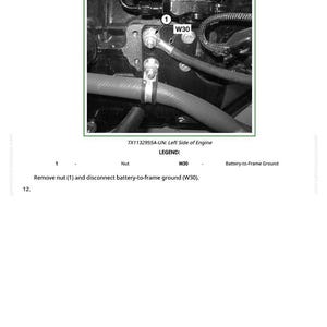 K&ouml;nnte beinhalten: Schwarz-Wei&szlig;-Diagramm einer Motorkomponente. Das Bild zeigt eine Nahaufnahme einer Metallhalterung mit einer Mutter mit der Bezeichnung "1" und einem Draht mit der Bezeichnung "W30". Der Text lautet "Mutter (1) entfernen und Batterie-Masse-Anschluss (W30) trennen."