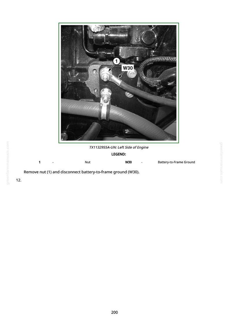K&ouml;nnte beinhalten: Schwarz-Wei&szlig;-Diagramm einer Motorkomponente. Das Bild zeigt eine Nahaufnahme einer Metallhalterung mit einer Mutter mit der Bezeichnung "1" und einem Draht mit der Bezeichnung "W30". Der Text lautet "Mutter (1) entfernen und Batterie-Masse-Anschluss (W30) trennen."