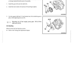 May include: Diagram of engine components with labels and instructions for disassembly and assembly. Includes illustrations of gears, shafts, and nuts, with text detailing the steps for installation and maintenance. The text includes measurements in inches and foot-pounds.