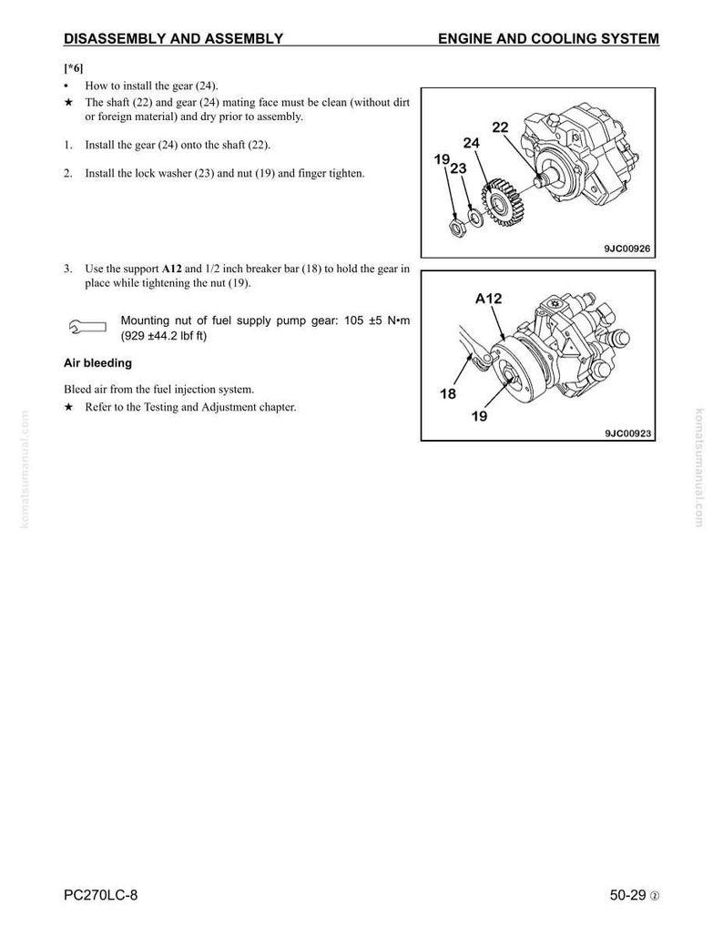 May include: Diagram of engine components with labels and instructions for disassembly and assembly. Includes illustrations of gears, shafts, and nuts, with text detailing the steps for installation and maintenance. The text includes measurements in inches and foot-pounds.