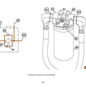 May include: An engineering diagram of a hydraulic oil filter manifold. The diagram includes a schematic with numbered components and a detailed illustration of the filter assembly with hoses and fittings. The text "TX1064672" is visible.