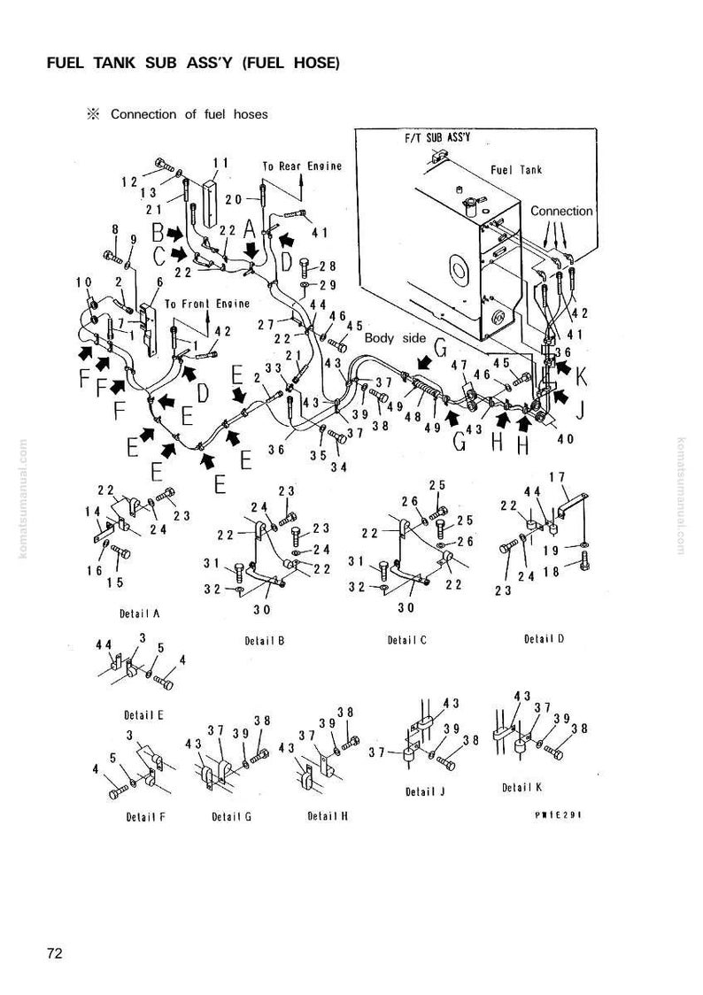 May include: Diagram of a fuel tank sub-assembly with fuel hose connections. The image includes detailed illustrations of various components, labeled with numbers and arrows, and is designed for technical reference.