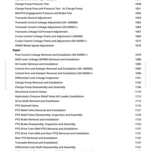 May include: A white page with a list of tests, adjustments, and repair procedures for a mechanical system. The text includes terms like "Transaxle," "Charge Pump," and "PTO," with corresponding page numbers.