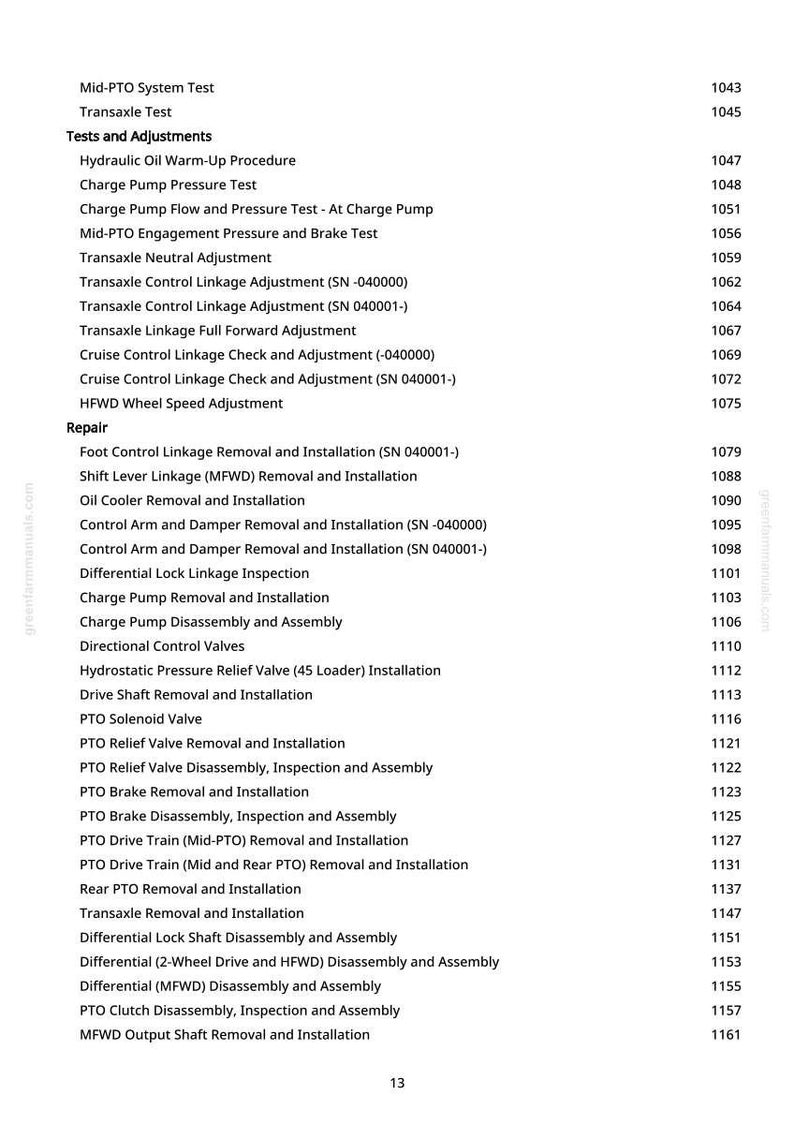 May include: A white page with a list of tests, adjustments, and repair procedures for a mechanical system. The text includes terms like "Transaxle," "Charge Pump," and "PTO," with corresponding page numbers.