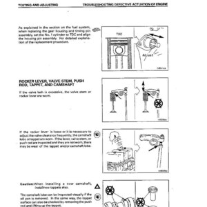 May include: A manual page with diagrams and text detailing engine troubleshooting and adjustment procedures. Diagrams illustrate engine parts such as rocker levers, valve stems, and camshafts. Text provides instructions and safety warnings.