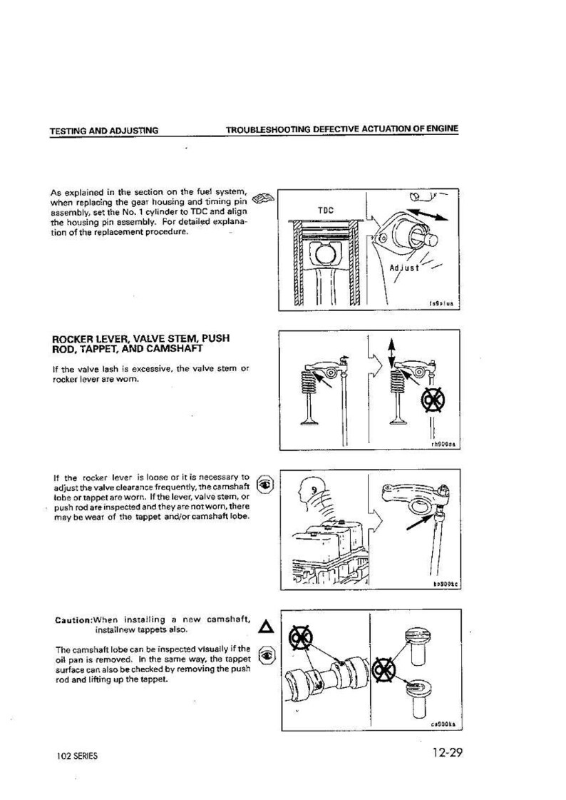 May include: A manual page with diagrams and text detailing engine troubleshooting and adjustment procedures. Diagrams illustrate engine parts such as rocker levers, valve stems, and camshafts. Text provides instructions and safety warnings.