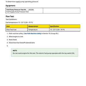 May include: A page from a manual detailing a fuel supply pump pressure test. The text includes instructions, test conditions, and specifications. The fuel temperature range is 15-25 &deg;C (59-79 &deg;F).