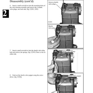 May include: Diagram illustrating the disassembly of a drive motor, with step-by-step instructions. The image shows close-ups of the motor components, including shuttle valve plugs, springs, and poppets, with labels and figure numbers for reference.