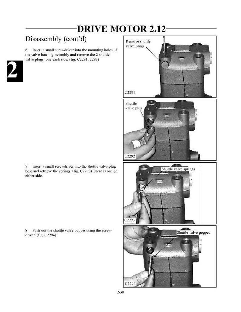 May include: Diagram illustrating the disassembly of a drive motor, with step-by-step instructions. The image shows close-ups of the motor components, including shuttle valve plugs, springs, and poppets, with labels and figure numbers for reference.