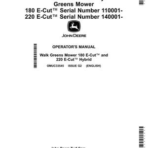 Może przedstawiać: Biała instrukcja obsługi dla kosiarek hybrydowych John Deere 180 E-Cut i 220 E-Cut. Instrukcja zawiera numery seryjne i logo John Deere. Tekst brzmi "Walk Greens Mower 180 E-Cut and 220 E-Cut Hybrid".