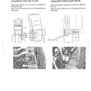 May include: Technical diagram with two illustrations detailing adjustment procedures for hydraulic components. The diagrams include labels for microswitches, adjustment nuts, and measurements in millimeters and inches, with text instructions.