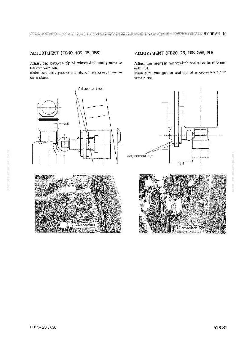 May include: Technical diagram with two illustrations detailing adjustment procedures for hydraulic components. The diagrams include labels for microswitches, adjustment nuts, and measurements in millimeters and inches, with text instructions.
