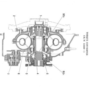 May include: A black and white technical diagram of a torque converter, with internal components labelled. The illustration shows the inner workings of the device. Text on the right side reads "MAINTENANCE STANDARDS TORQUE CONVERTER (S/N 11840~)".