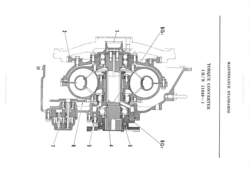 May include: A black and white technical diagram of a torque converter, with internal components labelled. The illustration shows the inner workings of the device. Text on the right side reads "MAINTENANCE STANDARDS TORQUE CONVERTER (S/N 11840~)".