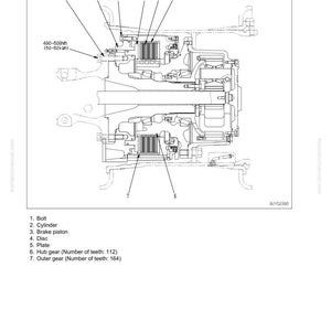 Może przedstawiać: Schemat komponentu mechanicznego z etykietami i wymiarami. Obraz zawiera śrubę, cylinder, tłok hamulcowy, tarczę, płytę, koło zębate piasty (112 zęb&oacute;w) i koło zębate zewnętrzne (164 zęby). Wymiary w niutonometrach.
