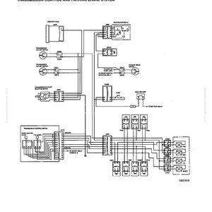 May include: A black and white electrical circuit diagram for a transmission control and parking brake system. The diagram includes text such as "Troubleshooting" and "Electrical Circuit System". The diagram has multiple components and wiring.
