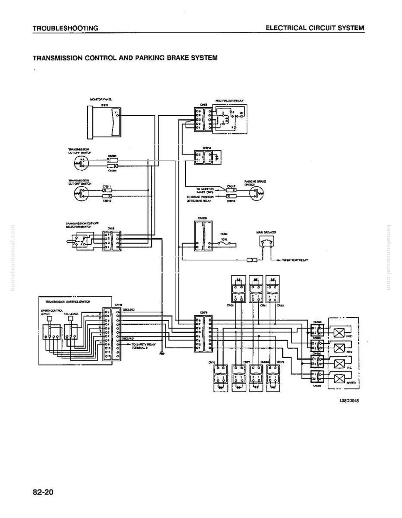 May include: A black and white electrical circuit diagram for a transmission control and parking brake system. The diagram includes text such as "Troubleshooting" and "Electrical Circuit System". The diagram has multiple components and wiring.