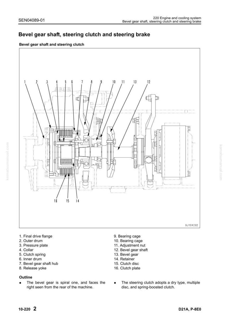 May include: Detailed diagram of a bevel gear shaft, steering clutch, and steering brake assembly. Labeled components include the final drive flange, outer drum, pressure plate, and clutch disc. Text at the top reads "220 Engine and cooling system."