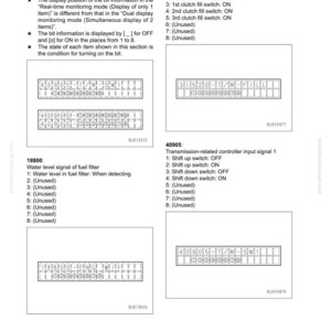 May include: A page from a manual with the title "30 Testing and adjusting." It includes detailed information on bit display codes, with diagrams and text describing various switch states and fuel filter signals. The page has the code SEN02557-00.