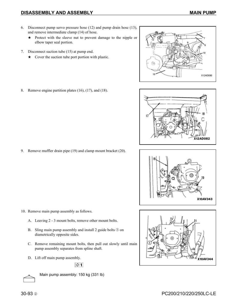 May include: Diagram of a main pump assembly with instructions for disassembly and assembly. The image includes detailed illustrations of the pump components, with labels and steps for removal and installation. The main pump assembly weighs 331 lb.