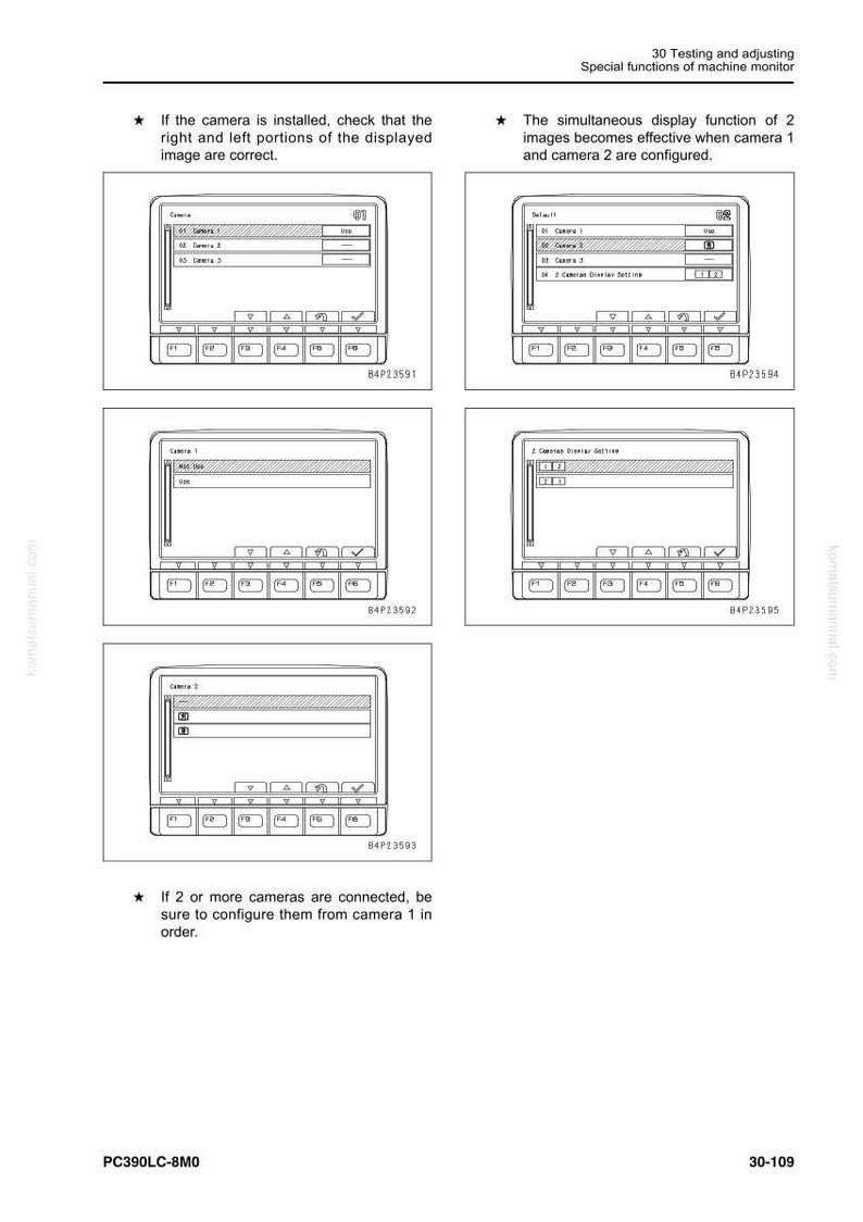 May include: A technical diagram from a machine monitor manual, featuring multiple display screen illustrations. The screens show camera settings and configurations, with text and labels. The document is in black and white.