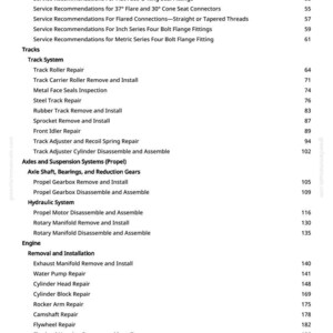 May include: A white-backgrounded page from a manual with a table of contents. The text includes topics like "Track System", "Engine", and "Hydraulic System", with corresponding page numbers.