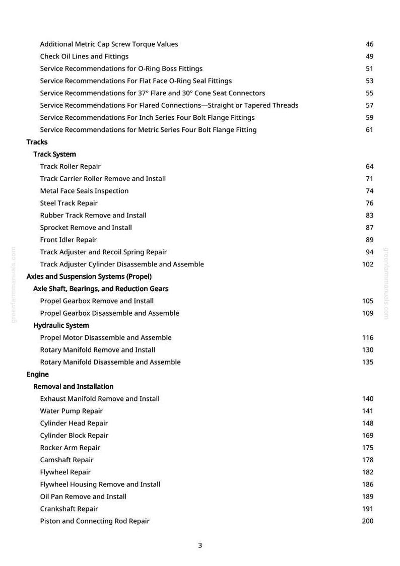 May include: A white-backgrounded page from a manual with a table of contents. The text includes topics like "Track System", "Engine", and "Hydraulic System", with corresponding page numbers.
