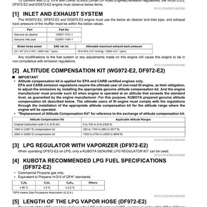 May include: Document detailing exhaust emission regulations for WG972-E2, DF972-E2, and DG972-E2 engines. Includes specifications for the inlet and exhaust system, altitude compensation kit, LPG regulator, and fuel specifications. Measurements are in inches and feet.