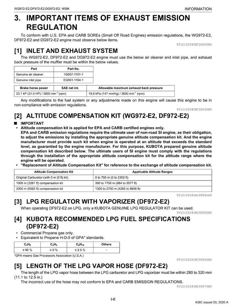 May include: Document detailing exhaust emission regulations for WG972-E2, DF972-E2, and DG972-E2 engines. Includes specifications for the inlet and exhaust system, altitude compensation kit, LPG regulator, and fuel specifications. Measurements are in inches and feet.
